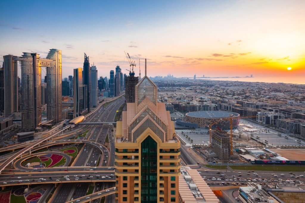 Dubai panorama at sunset, UAE