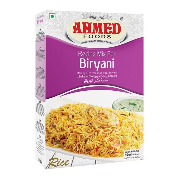 Ahmed Foods Biryani Masala 50g package featuring the classic biryani dish on the front.
