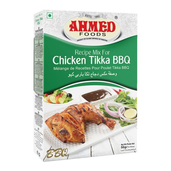 Ahmed Foods Chicken Tikka BBQ Masala 50g box, featuring a succulent piece of grilled Chicken Tikka.