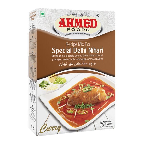 Ahmed Foods Special Delhi Nihari Masala 75g box showcasing a sumptuous bowl of Nihari, a slow-cooked meat stew.