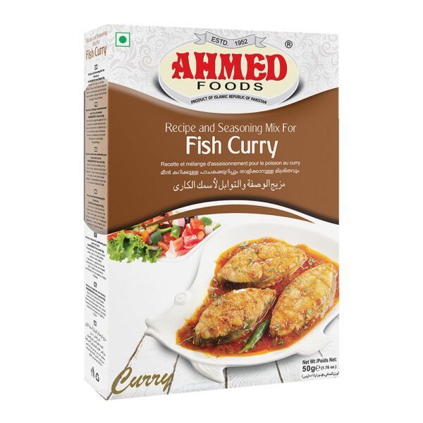 Ahmed Foods Fish Curry Masala 50g box featuring a rich and spicy fish curry dish