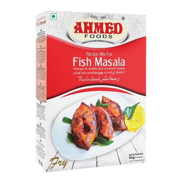 Box of Ahmed Foods Fish Masala 50g displaying a plate of spiced and fried fish pieces garnished with lemon.