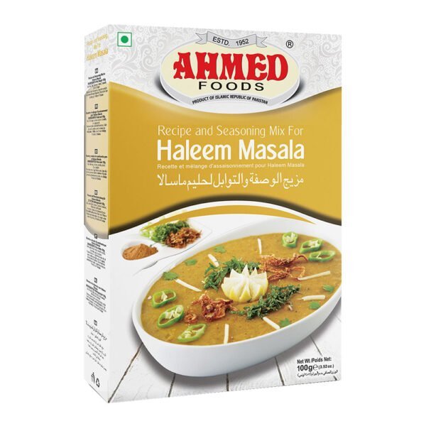 Ahmed Foods Haleem Masala 100g box depicting a bowl of rich and hearty Haleem garnished with fresh ingredients.