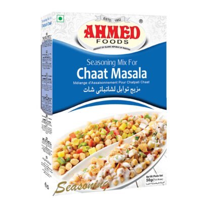 Ahmed Foods Chaat Masala packaging with a vibrant display of chaat, highlighting the spices' tangy and savory flavors.