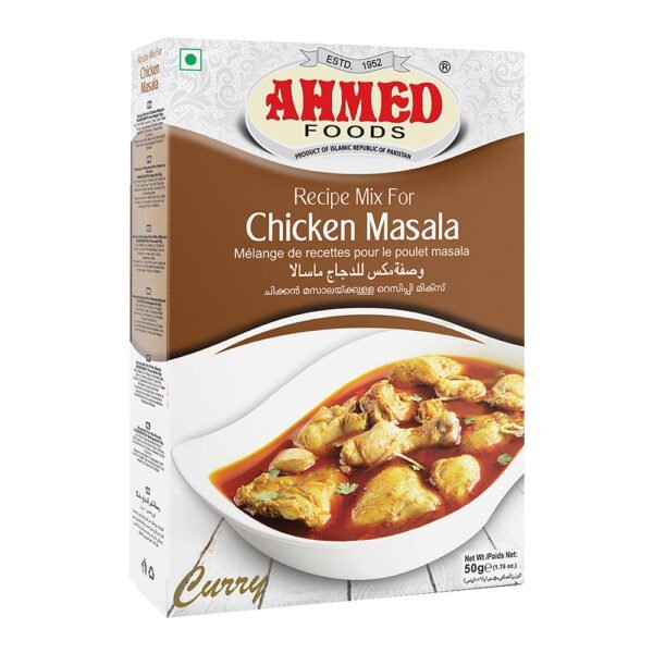 Ahmed Foods Chicken Masala 50g box displaying a mouth-watering chicken curry dish, highlighting the rich masala flavors.