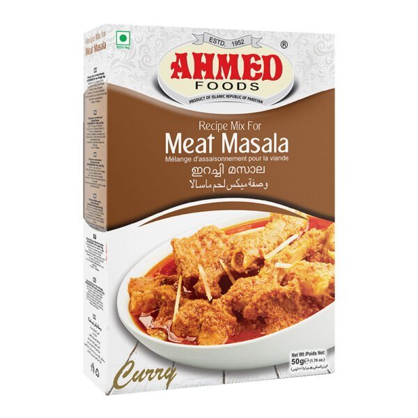 Ahmed Foods Meat Masala 50g box featuring a rich and savory meat curry dish on the packaging.