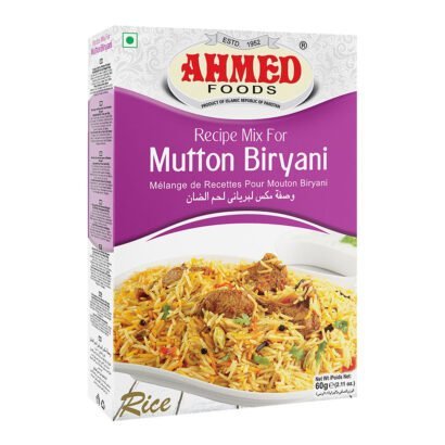 Ahmed Foods Mutton Biryani Masala 60g box showcasing the vibrant packaging and appetizing biryani image.