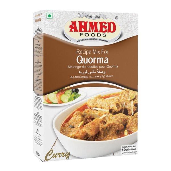 Ahmed Foods Quorma Masala 50g box, displaying a rich and creamy quorma dish, perfect for enhancing traditional curries.