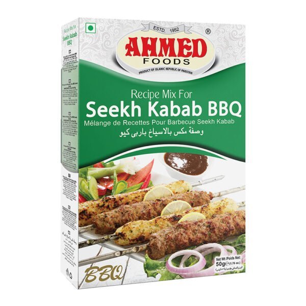 Box of Ahmed Foods Seekh Kabab BBQ Masala 50g, displaying succulent skewers of grilled seekh kababs.