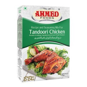 Ahmed Foods Tandoori Chicken Masala 50g box, showing a juicy, grilled Tandoori Chicken leg with charred edges.