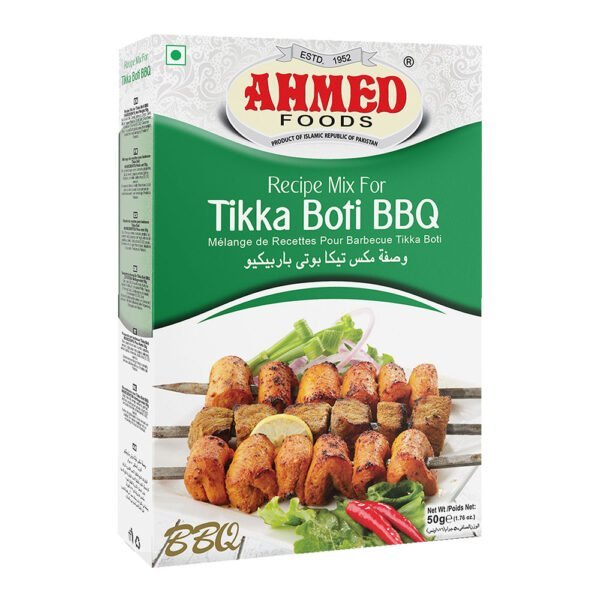 Ahmed Foods Tikka Boti BBQ Masala 50g box showcasing skewered pieces of spiced Tikka Boti ready for grilling.