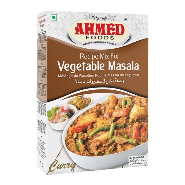 Ahmed Foods Vegetable Masala 100g box depicting a colorful mixed vegetable curry, rich in spices.